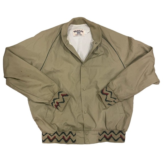 VTG 80s West Ark Navajo Aztec Bomber Jacket Tan Made In USA Sz Large Snap Button - Picture 1 of 13